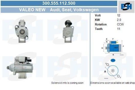 Стартер новий VW Caddy III 04-15, Golf VI 09-14, Tiguan 08-16, T5 03-15, PASSAT B7 10-15; AUDI A3 03-12, A1 10-18, TT 07-15; SKODA Octavia A5 04-13, Superb 08-15, Yeti 09-17, Fabia I 99-07; SEAT Altea 04-09, Leon 05-12, Toledo III 04-09, Ibiza 09-17 PSH 300555112500