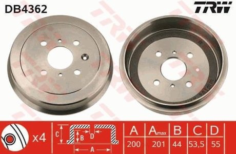 Гальмівний барабан CITROEN/PEUGEOT/TOYOTA C1/Aygo/107/108 \'\'05>> TRW DB4362