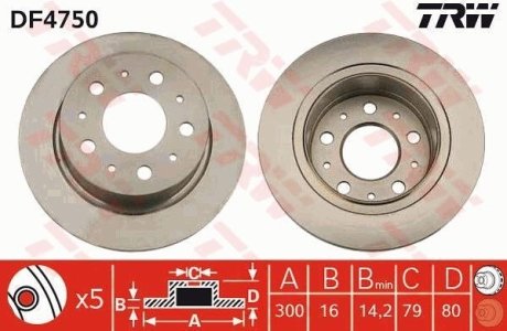 Диск гальмівний (1 шт.) CITROEN/FIAT/PEUGEOT Jumper/Ducato/Boxer "R D=300mm "06>> TRW DF4750 (фото 1)