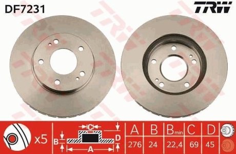 Диск гальмівний (1 шт.) MITSUBISHI Eclipse/Galant/Space Runner "F D=274mm "90-04 TRW DF7231