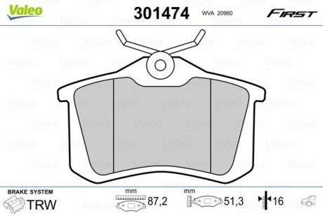 Гальмівні колодки дискові CITROEN/PEUGEOT/RENAULT C3/207/Clio/Fluence/Megane "1,1-3,0 "R "98>> Valeo 301474