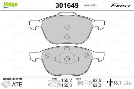 Гальмівні колодки дискові FORD/MAZDA/VOLVO Focus/Kuga/3/5/C30/C70/S40/V40/V50 "1,0-2,5 "F "03>> Valeo 301649