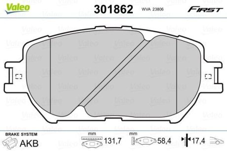 Гальмівні колодки дискові TOYOTA Camry "2,4-3,0 "F "01-06 Valeo 301862